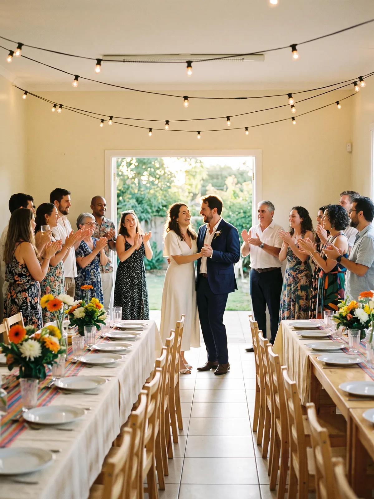 Casamento num salão de festas simples: os noivos dançam no meio da pista e os convidados aplaudem em volta