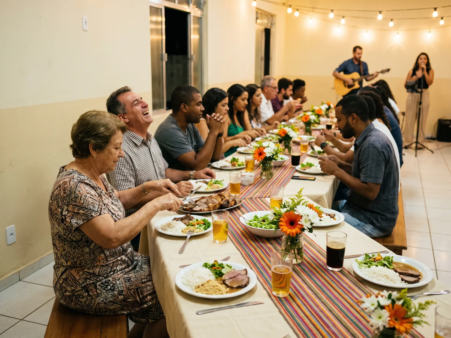 Jantar de casamento numa mesa comprida: convidados rindo e se servindo, com violão e cantora ao fundo